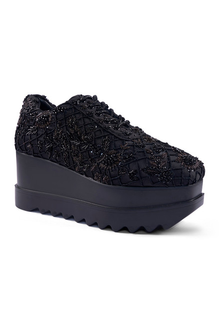 Anaar Afterglow Wedge Sneakers – Black Satin Hand-Embroidered Wedges with Khicha, Zardozi & Cutdana