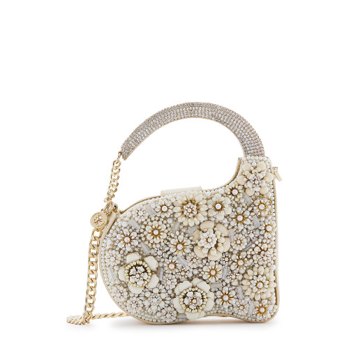 Anaar Swan Annette Clutch – White Floral Metallic & Pearl Embellished Handbag
