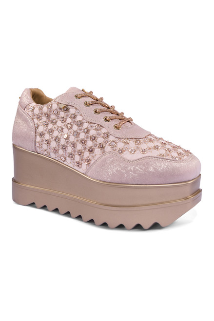 Anaar Nok-Jhok Wedge Sneakers – Rose Gold Satin & Faux Leather Hand-Embroidered Wedges