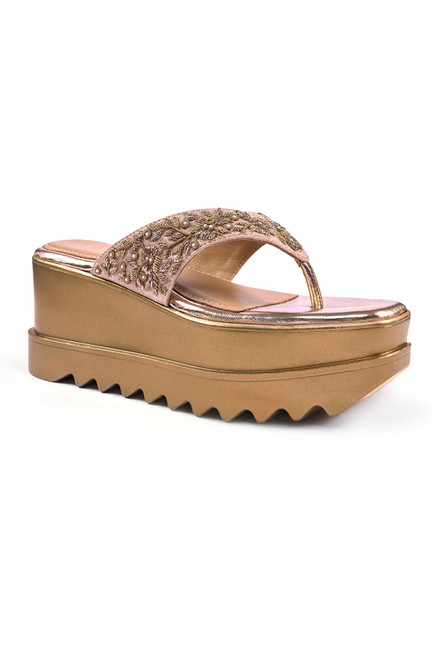 Anaar Stardom Wedge Sandals – Gold Satin Hand-Embroidered Festive Footwear with Zardozi & Moti Work