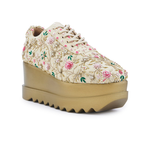 Anaar Rosette Royale Wedge Sneakers – Handcrafted Bridal Satin Sneakers with Zardozi & Resham Embroidery