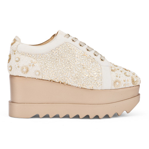 Anaar Buttercream Bliss Wedge Sneakers – Handcrafted Satin Bridal Sneakers with Sequin Floral Detailing