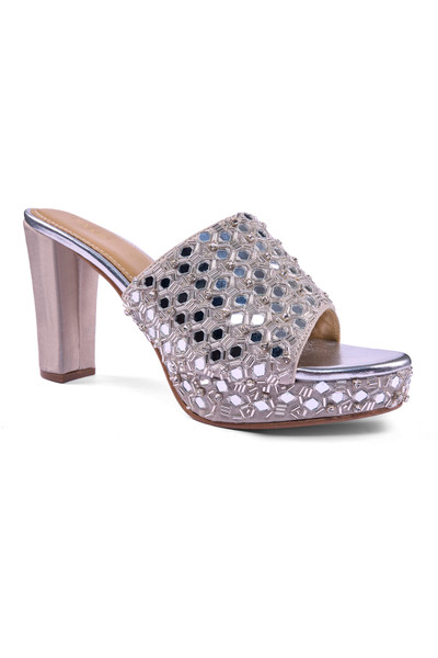Anaar Sheesh Mahal Platform Sandals – Silver Satin Hand-Embroidered Platforms with Mirror & Zari Work