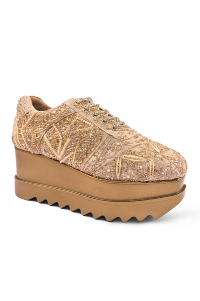 Anaar Sneak-O-Gold Wedge Sneakers – Gold Satin Lace-Up Wedges with Cutdana