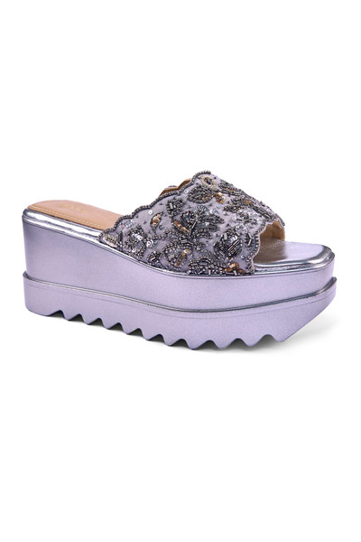 Anaar Bejewelled Barfi Wedge Sandals – Handcrafted Grey Suede Festive Footwear with Floral Embroidery & Sequins