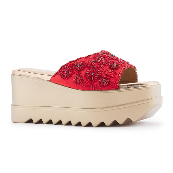 Anaar Scarlet Fever Sandals – Handcrafted Red Satin Open Sandals with Bead & Stone Embroidery