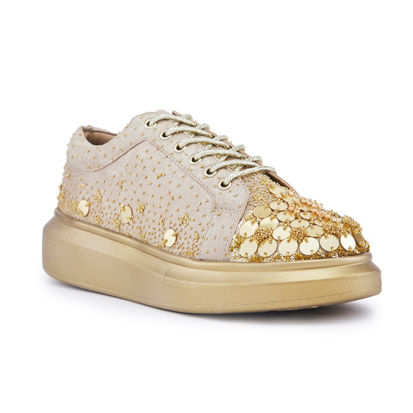 Anaar Dapper Diva Classic Sneakers – Handcrafted Gold Satin Flat Sneakers with Bead & Sequin Embellishments