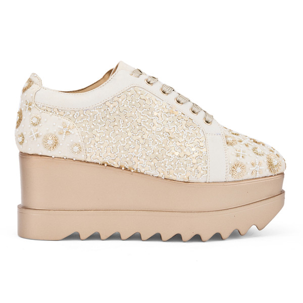 Anaar Buttercream Bliss Wedge Sneakers – Handcrafted Satin Bridal Sneakers with Sequin Floral Detailing