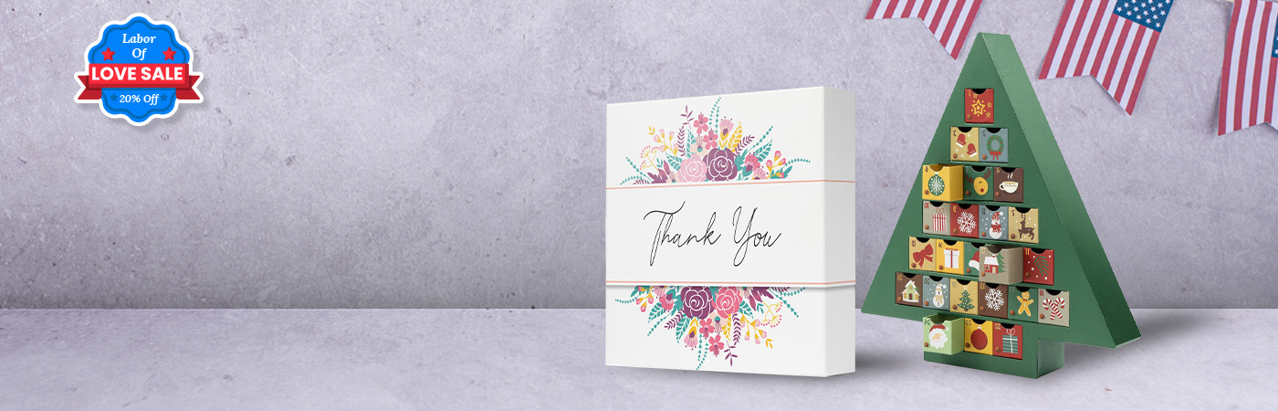 Labor Day Weekend promotional image offering 20% off sitewide with festive packaging