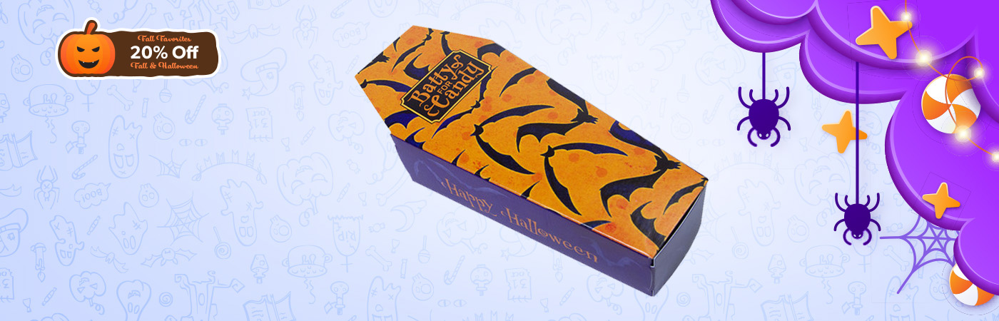 Festive Halloween packaging with spooky designs offered at 20% off for the month