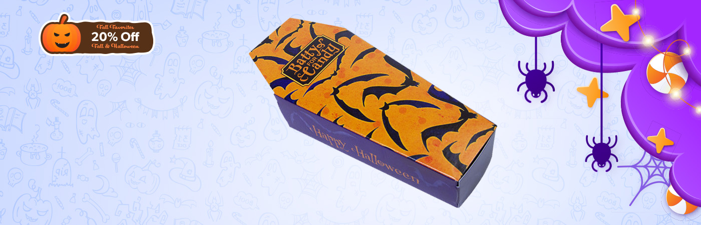 Festive Halloween packaging with spooky designs offered at 20% off for the month