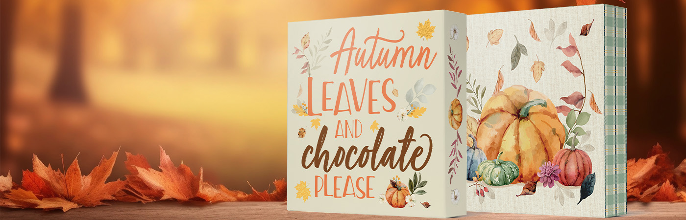 Two square folding carton boxes with autumn-themed Thanksgiving designs