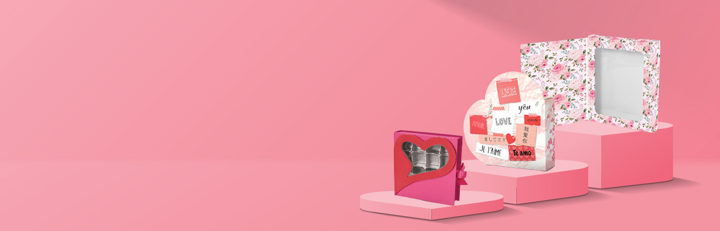 Pink-themed packaging collection featuring bakery, confectionery, floral, and heart-shaped designs