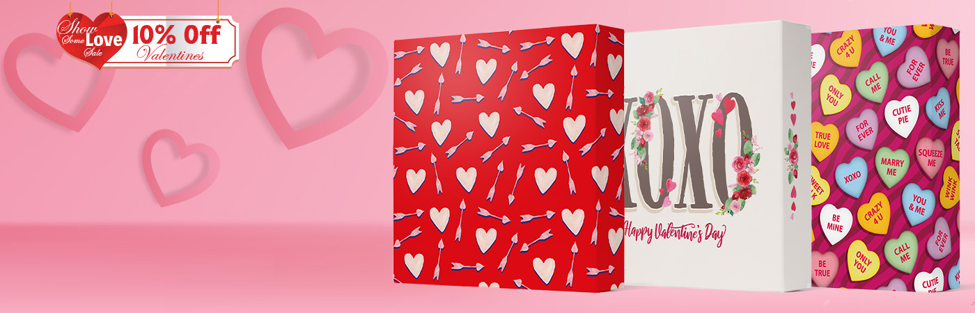 Graphic promoting 10% off Valentine&rsquo;s-themed folding carton packaging