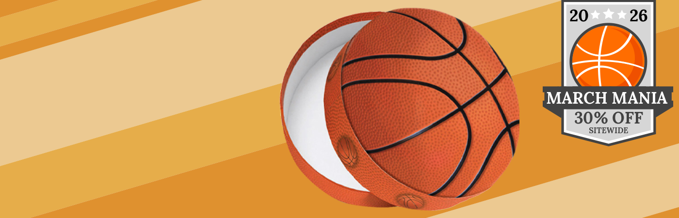 Basketball-shaped rigid box featured in March Mania 30% off sitewide sale graphic