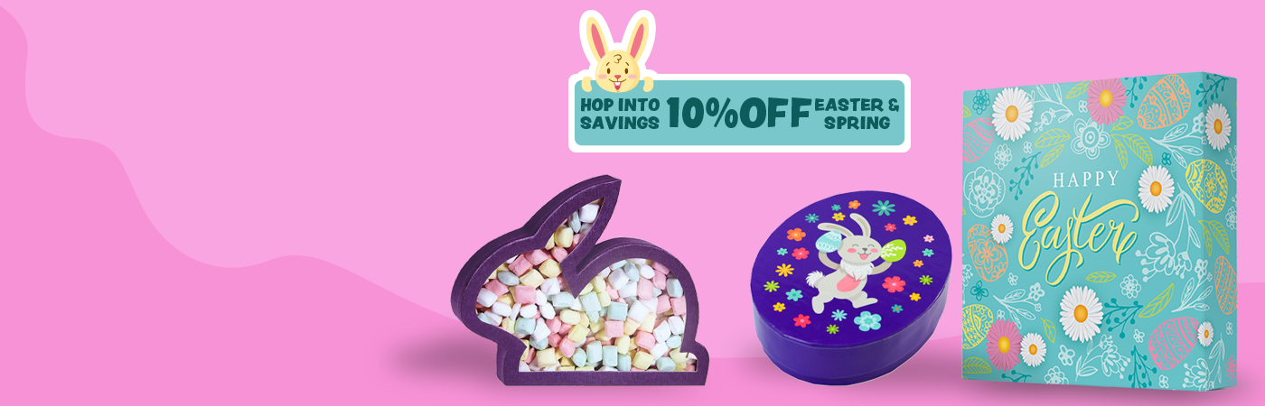Graphic promoting 10 percent off Easter and spring packaging for seasonal gifts and treats