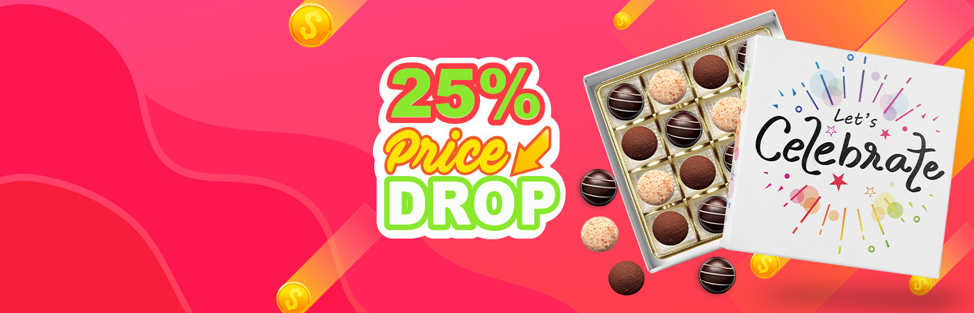 Square folding carton with &ldquo;Let&rsquo;s Celebrate&rdquo; text, tray, and chocolates promoting 25 percent off packaging
