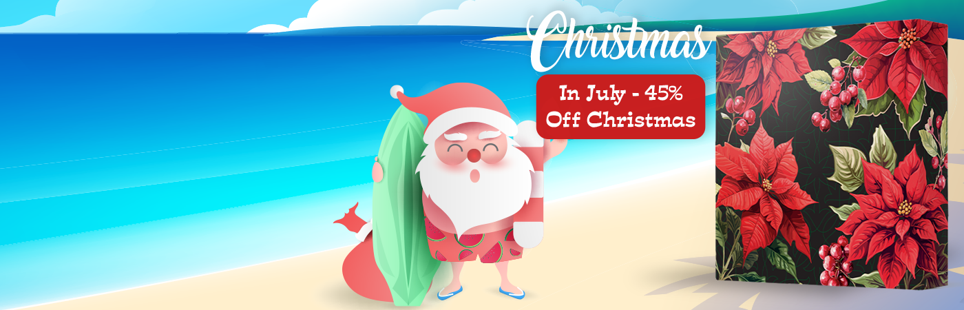 Promotional image for Christmas in July sale with 45% off holiday packaging through 7/31/2026.