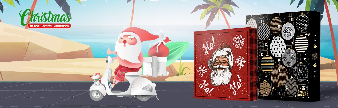 Christmas packaging with festive designs on sale in July for 30% off at ASpecialtyBox