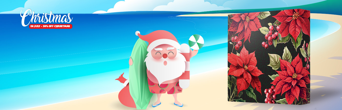 Promotional image for Christmas in July sale with 30% off holiday packaging through 7/25/2025.