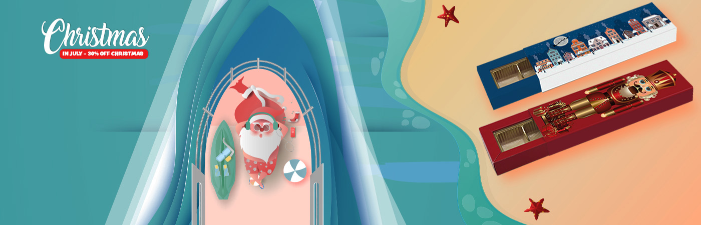 Christmas in July image promoting festive slider boxes for gifting and treats.