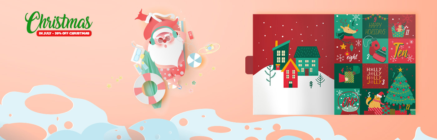 Promotional image for 30% off ready-to-ship Advent Calendars during July, featuring festive countdown packaging.