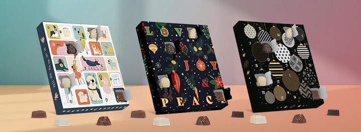 Festive advent calendars filled with candy, bonbons, and holiday treats.