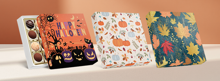 Autumn-themed packaging in warm fall hues for confectionery and sweet treats