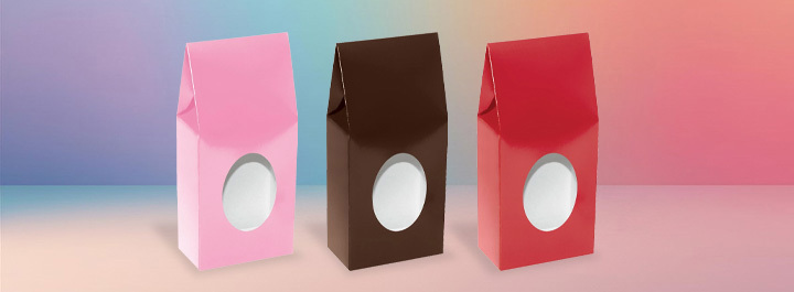 Gable boxes with carry handles and windows for pastries, snacks, lunches, and gifts