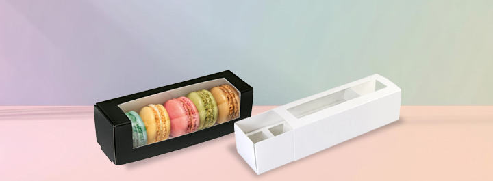 Macaron boxes with windows for displaying colorful pastries and treats
