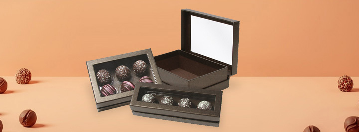 Truffle window boxes with clear cello windows for chocolates, candies, and gifts.