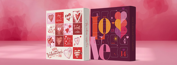 Valentine&rsquo;s Day packaging with heart-shaped, square, and window boxes for chocolates and truffles