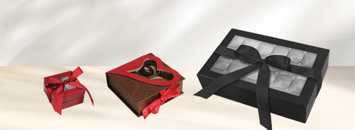 Chocolate and confectionery window boxes with clear peek-a-boo display windows.