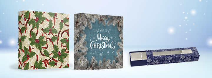 Winter-inspired packaging for chocolates, truffles, and holiday confections