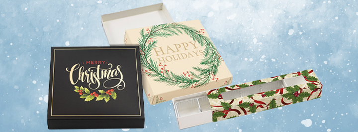 Festive 5-piece boxes with acetate lids, featuring lavender, candy cane, and heart designs.