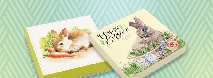 Easter-themed gift boxes featuring bunny designs and springtime motifs.