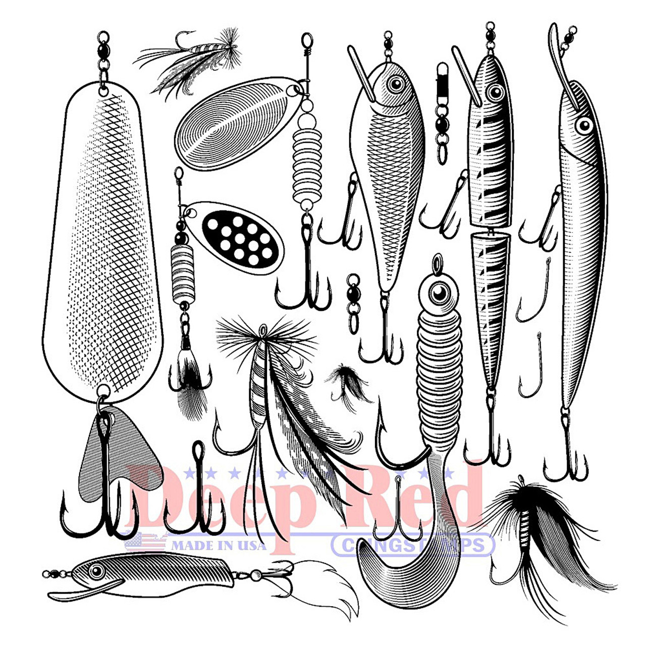 Deep Red Cling Stamp 3x3 Fishing Lures Background