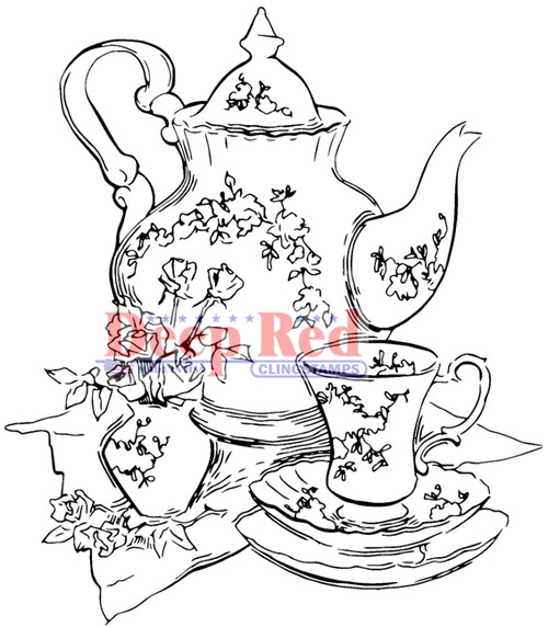 Tea Set Rubber Cling Stamp by Deep Red Stamps