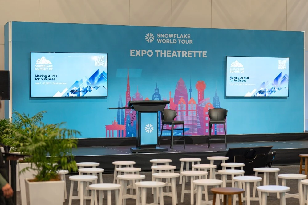 Snowflake World Tour Auckland conference theatrette with integrated screens and branded stage environment