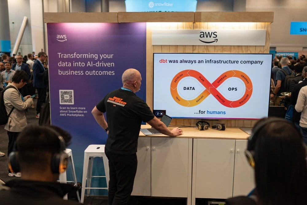 Technology demo station at Snowflake World Tour Auckland with integrated screen, branded environment and attendee presentation