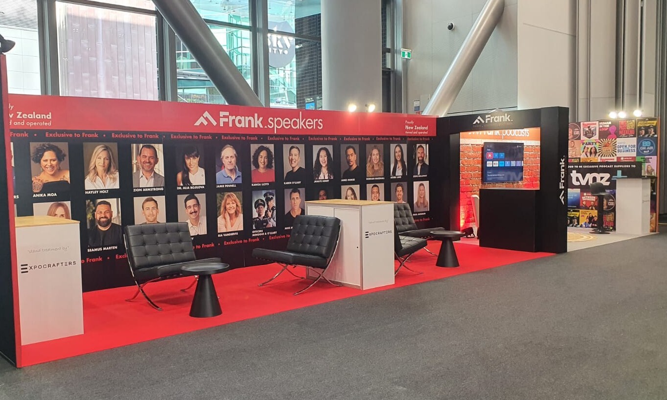 Frank Speakers branded event stand at the New Zealand International Convention Centre