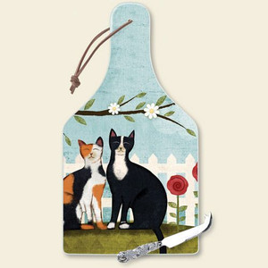 Cat Theme Glass Cheese Board with Knife - 34-180