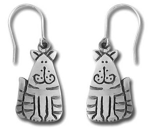 Fat Striped Cat Pewter Drop Earrings 3894EFP