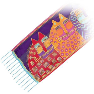 Laurel Burch Silk Scarf "Wild Cats" with Beaded Fringe - LBS139