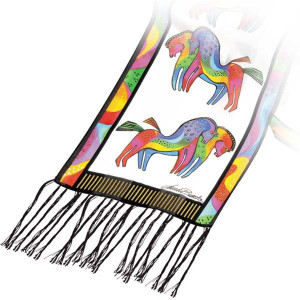 Laurel Burch Silk Scarf   "Rainbow Horses"  White with Fringe - LBS154A