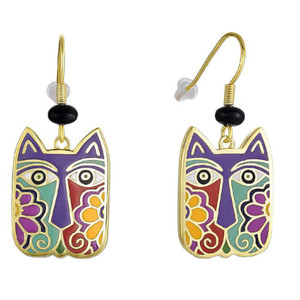 Colorful Blossoming Cat Face Laurel Burch Drop Earrings