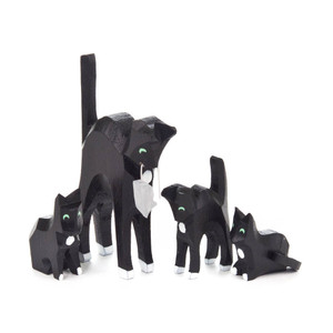 Hand Carved Mini Cat Family Figurine - 4 Piece Set