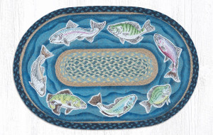 Fish Swimming Oval Hand Printed Braided Patch Floor Earth Rug 20"x30" - OP-362-FISH