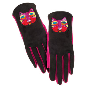 Black and pink gloves featuring a festive cat