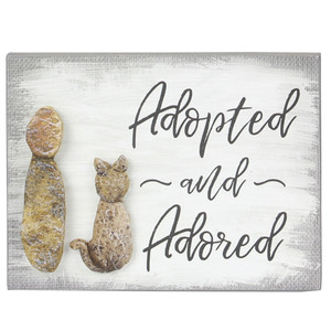 Cat Wood Pebble Art Sign - Adopted and Adored
